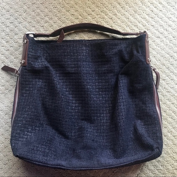 GENUINE Leather Woven Blue and Brown Hobo Tote Bag - Picture 7 of 8